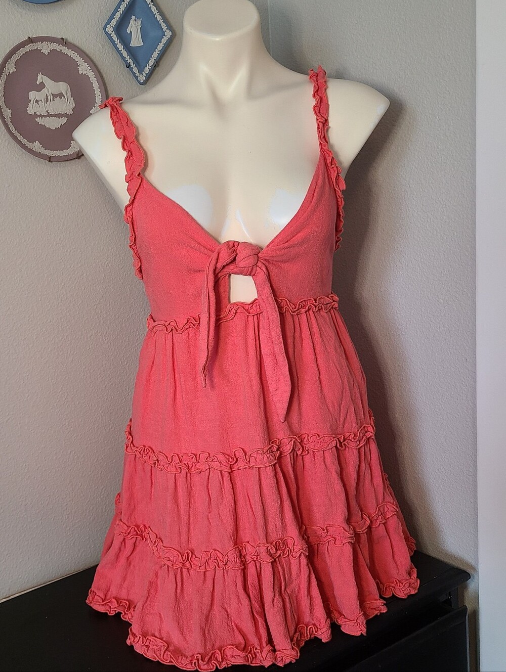 Coquette Fairycore Cottagecore Coral Ruffle Tiered Mini Dress Lulu's Women's XS